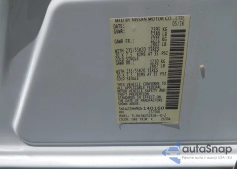 2016 Nissan Murano Platinum from USA, damaged, VIN 5N1AZ2MH9GN140160